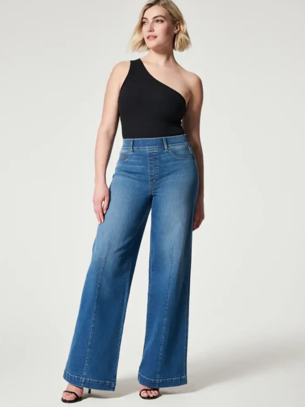 SPANX All Seamed-Front High Waisted Wide-Leg Jeans In Vintage Indigo Wash Sz L